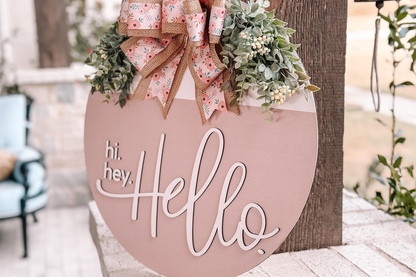 Hi Hey Hello Round Door Hanger SVG File, Laser Cut Design, Layered Wood Sign Template, Floral Bow Door Decor, Glowforge Ready File