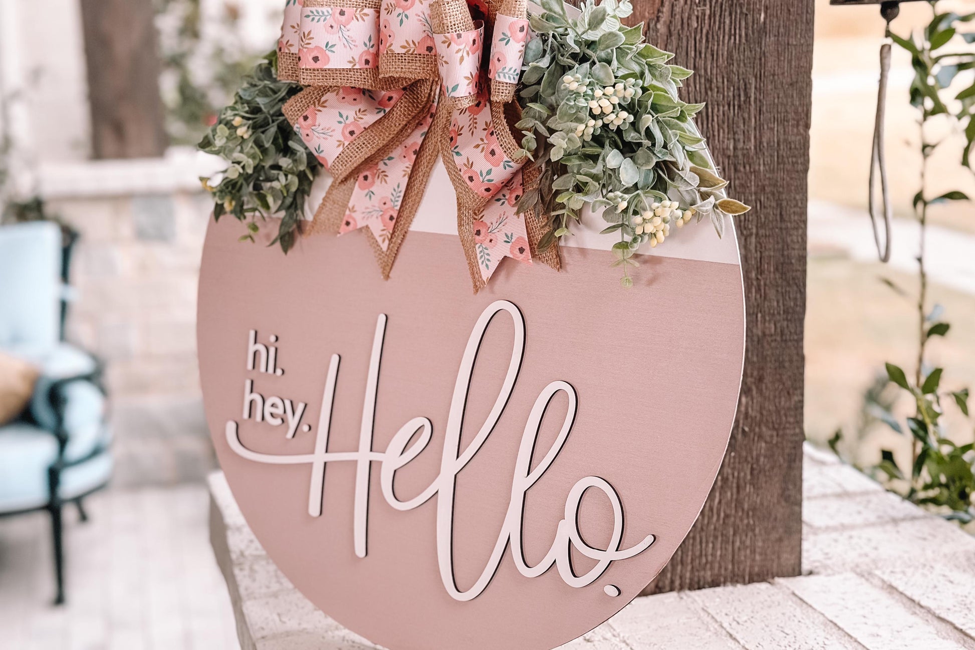Hi Hey Hello Round Door Hanger SVG File, Laser Cut Design, Layered Wood Sign Template, Floral Bow Door Decor, Glowforge Ready File