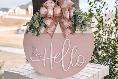 Hi Hey Hello Round Door Hanger SVG File, Laser Cut Design, Layered Wood Sign Template, Floral Bow Door Decor, Glowforge Ready File