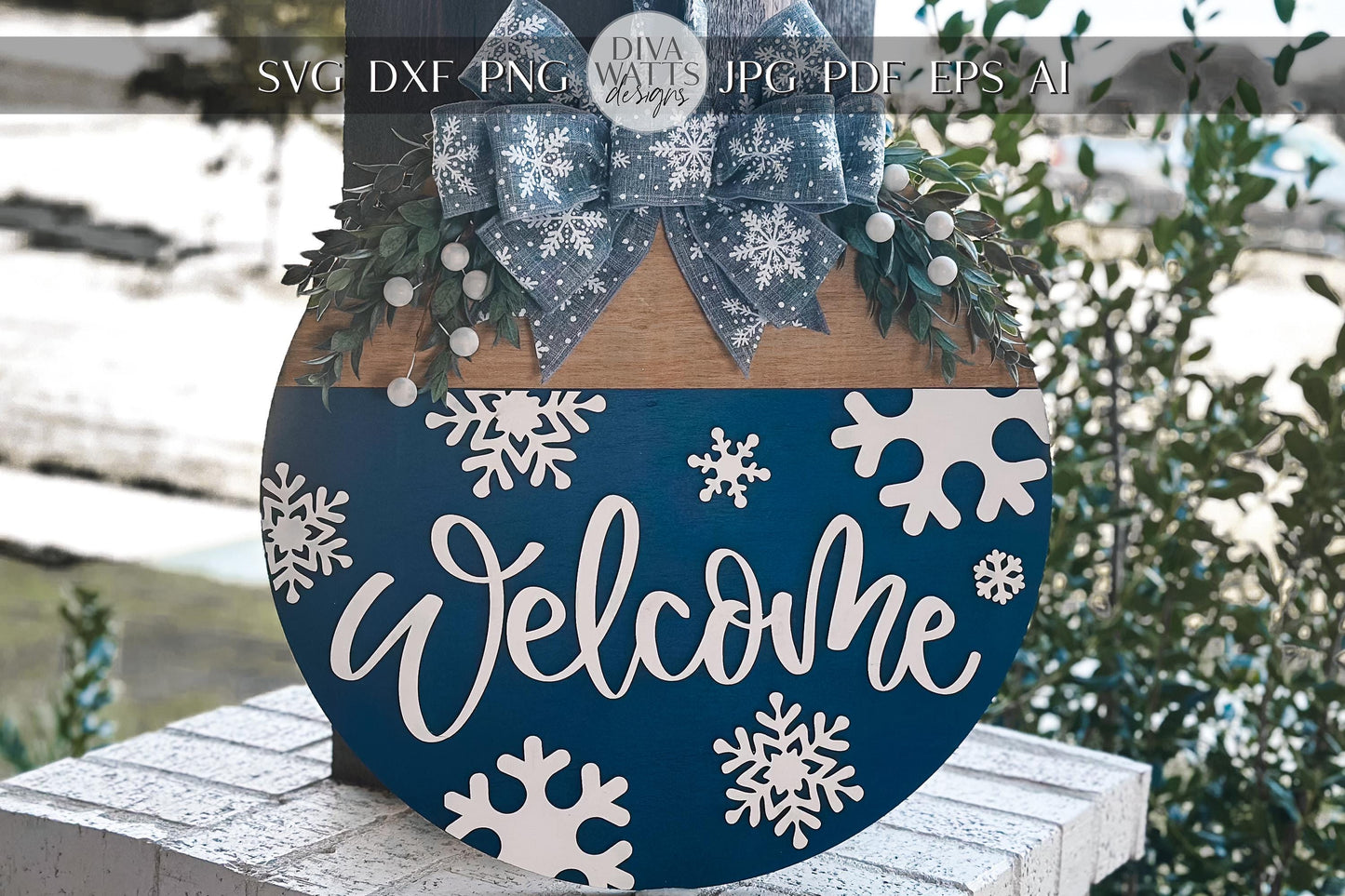 Winter Welcome Door Hanger SVG, Snowflake Laser Cut File, Layered Round Wood Sign Template, Glowforge Ready Design