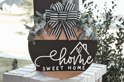 Home Sweet Home Round Door Hanger SVG, Layered Laser Cut File, Farmhouse Sign Template, Glowforge Ready Design