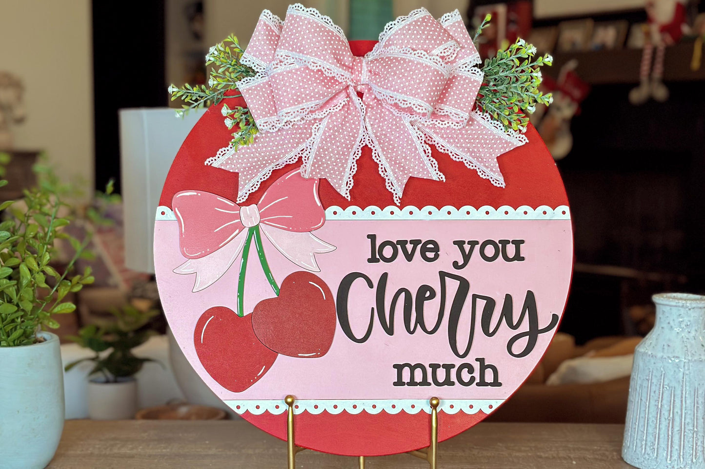 Love You Cherry Much SVG Laser Cut File, Valentine's Day Door Hanger Template, Round Door Sign Design, Glowforge & Xtool Compatible