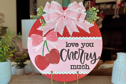 Love You Cherry Much SVG Laser Cut File, Valentine's Day Door Hanger Template, Round Door Sign Design, Glowforge & Xtool Compatible