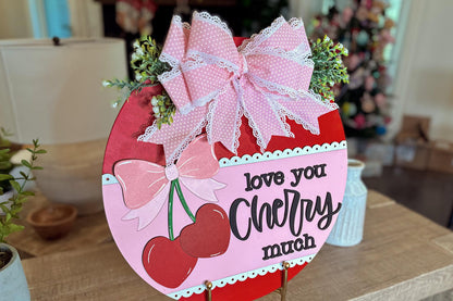 Love You Cherry Much SVG Laser Cut File, Valentine's Day Door Hanger Template, Round Door Sign Design, Glowforge & Xtool Compatible
