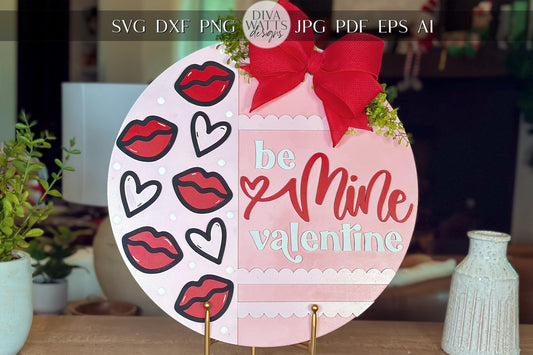 Be Mine Valentine SVG Laser Cut File, Kiss and Heart Door Hanger Template, Round Valentine Sign Design, Glowforge & Xtool Compatible