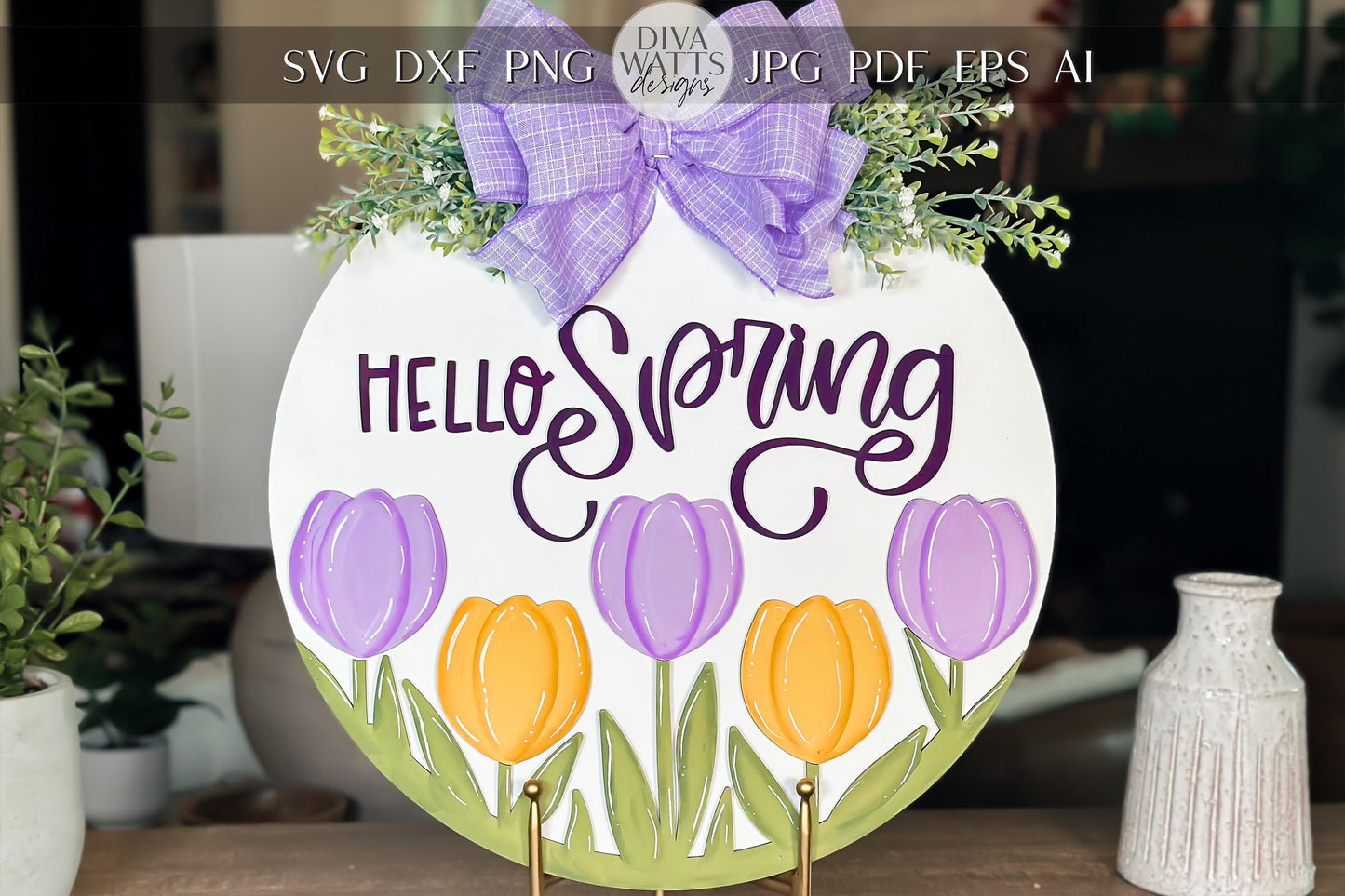 Hello Spring SVG Laser Cut File, Tulip Door Hanger Template, Round Spring Sign Design, Glowforge & Xtool Compatible