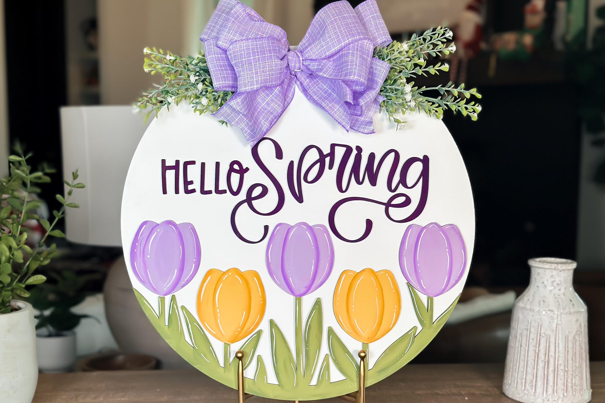 Hello Spring SVG Laser Cut File, Tulip Door Hanger Template, Round Spring Sign Design, Glowforge & Xtool Compatible