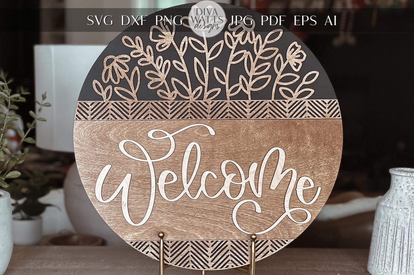 Welcome Floral SVG Laser Cut File, Elegant Geometric Door Hanger Template, Modern Round Sign Design for Glowforge & Xtool