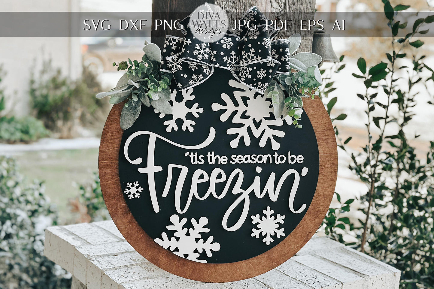 Tis the Season to Be Freezin’ Door Hanger SVG | Winter Round Door Sign Laser Cut File | Snowflake Holiday Decor Glowforge SVG