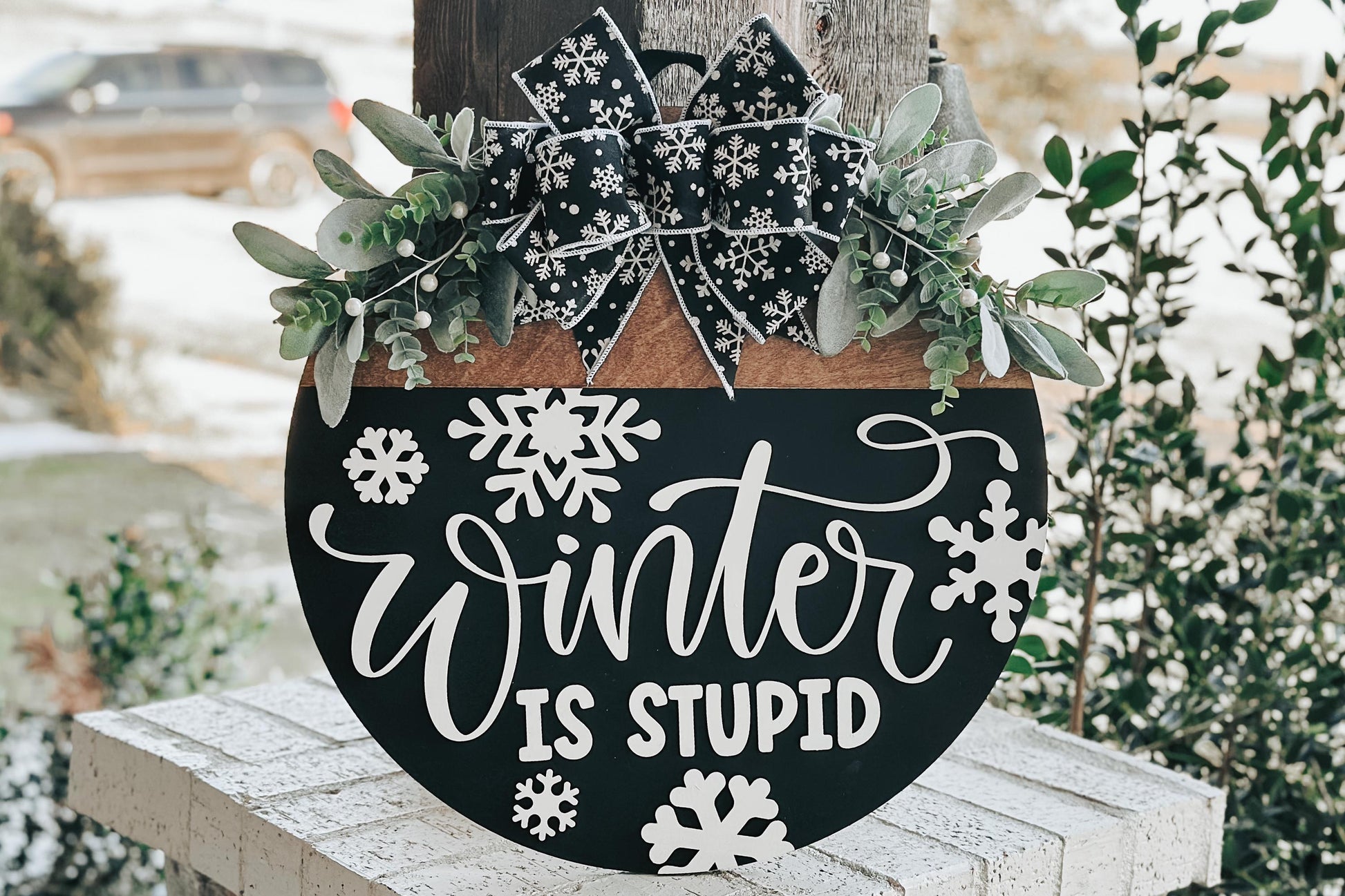 Winter Is Stupid Door Hanger SVG | Funny Round Winter Sign Laser Cut File | Rustic Snowflake Door Decor Glowforge SVG
