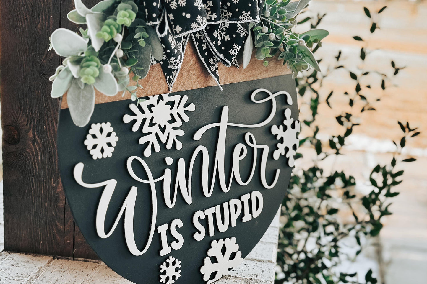 Winter Is Stupid Door Hanger SVG | Funny Round Winter Sign Laser Cut File | Rustic Snowflake Door Decor Glowforge SVG