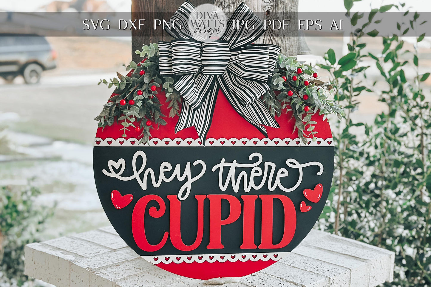 Hey There Cupid Door Hanger SVG | Valentine’s Day Round Door Sign Laser Cut File | Romantic Decor Glowforge SVG