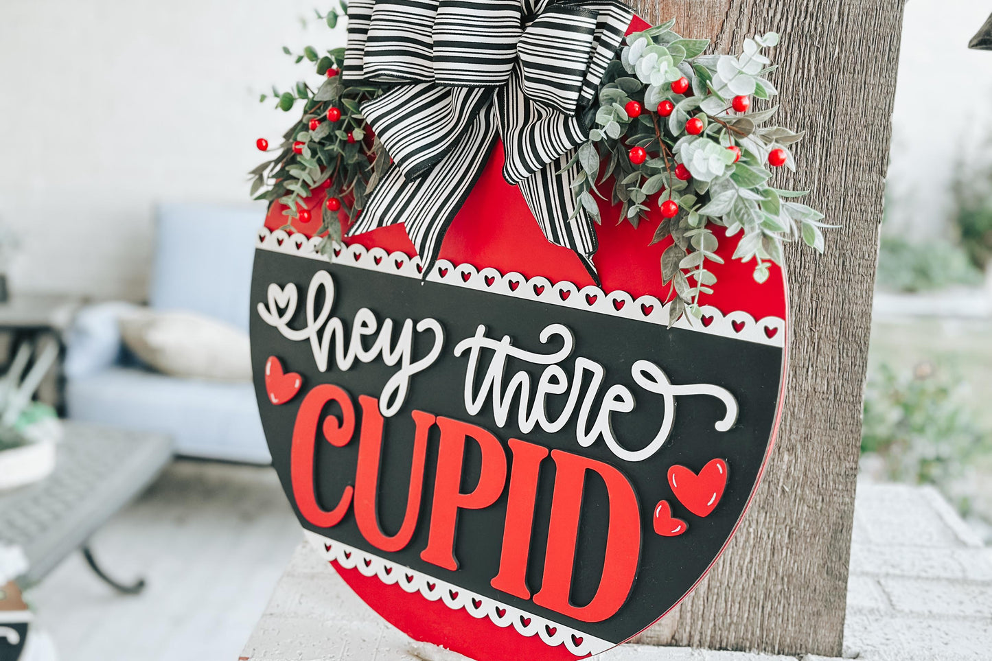 Hey There Cupid Door Hanger SVG | Valentine’s Day Round Door Sign Laser Cut File | Romantic Decor Glowforge SVG