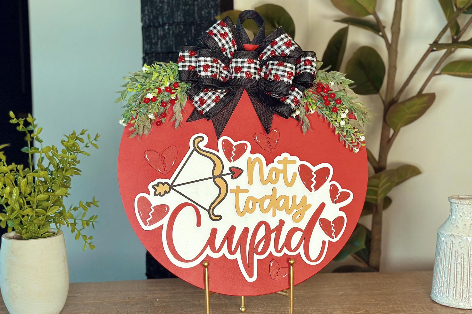Not Today Cupid Door Hanger SVG | Anti-Valentine’s Day Round Door Sign Laser Cut File | Funny Valentine Decor Glowforge SVG
