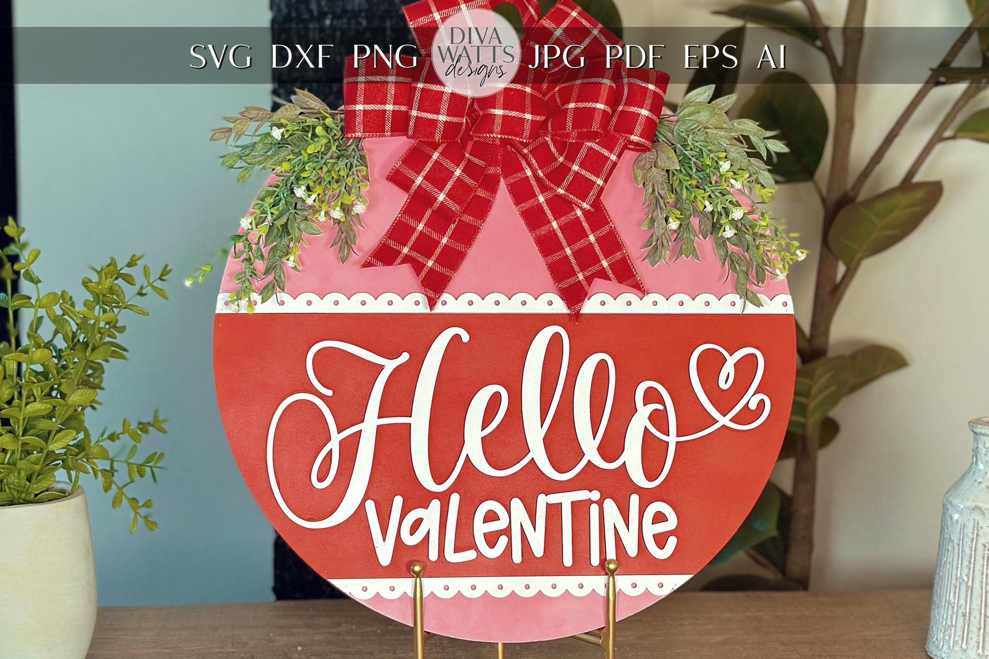 Hello Valentine Door Hanger SVG | Valentine’s Day Round Door Sign Laser Cut File | Romantic Home Decor Glowforge SVG