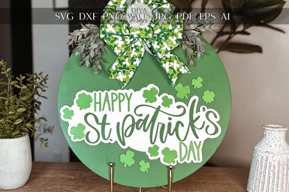 Happy St. Patrick’s Day Laser Cut File SVG – Shamrock Door Hanger Sign Template, Round St. Patrick’s Day SVG for Glowforge, DIY Laser File