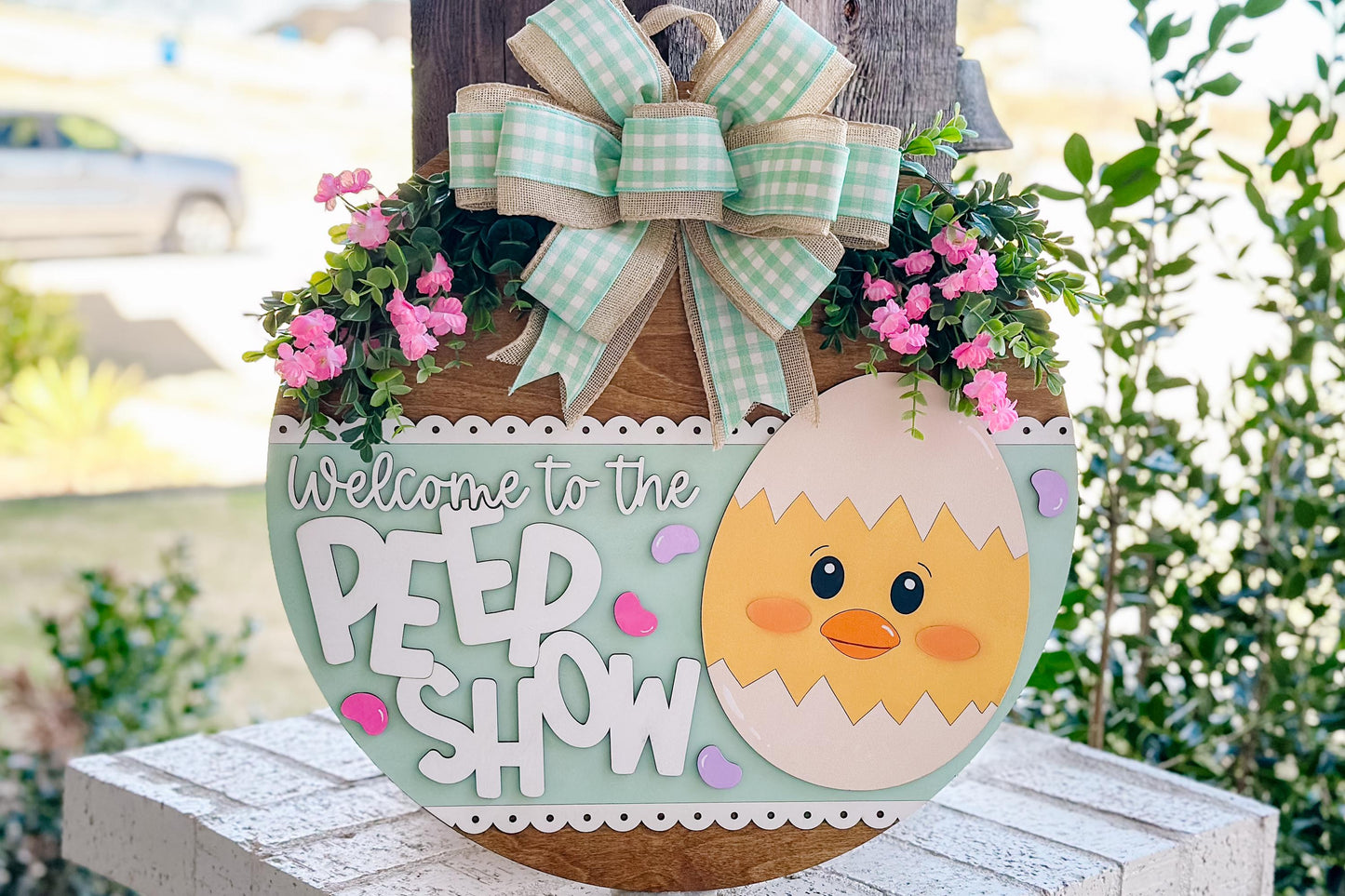 Welcome to the Peep Show Easter Door Hanger SVG – Cute Chick Round Sign Laser Cut File, Spring Home Decor Template, Glowforge & Xtool svg