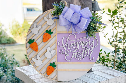 Happy Easter Bunny & Carrot Door Hanger SVG – Layered Round Laser Cut File for Spring Decor, DIY Easter Sign Template, Glowforge Xtool svg