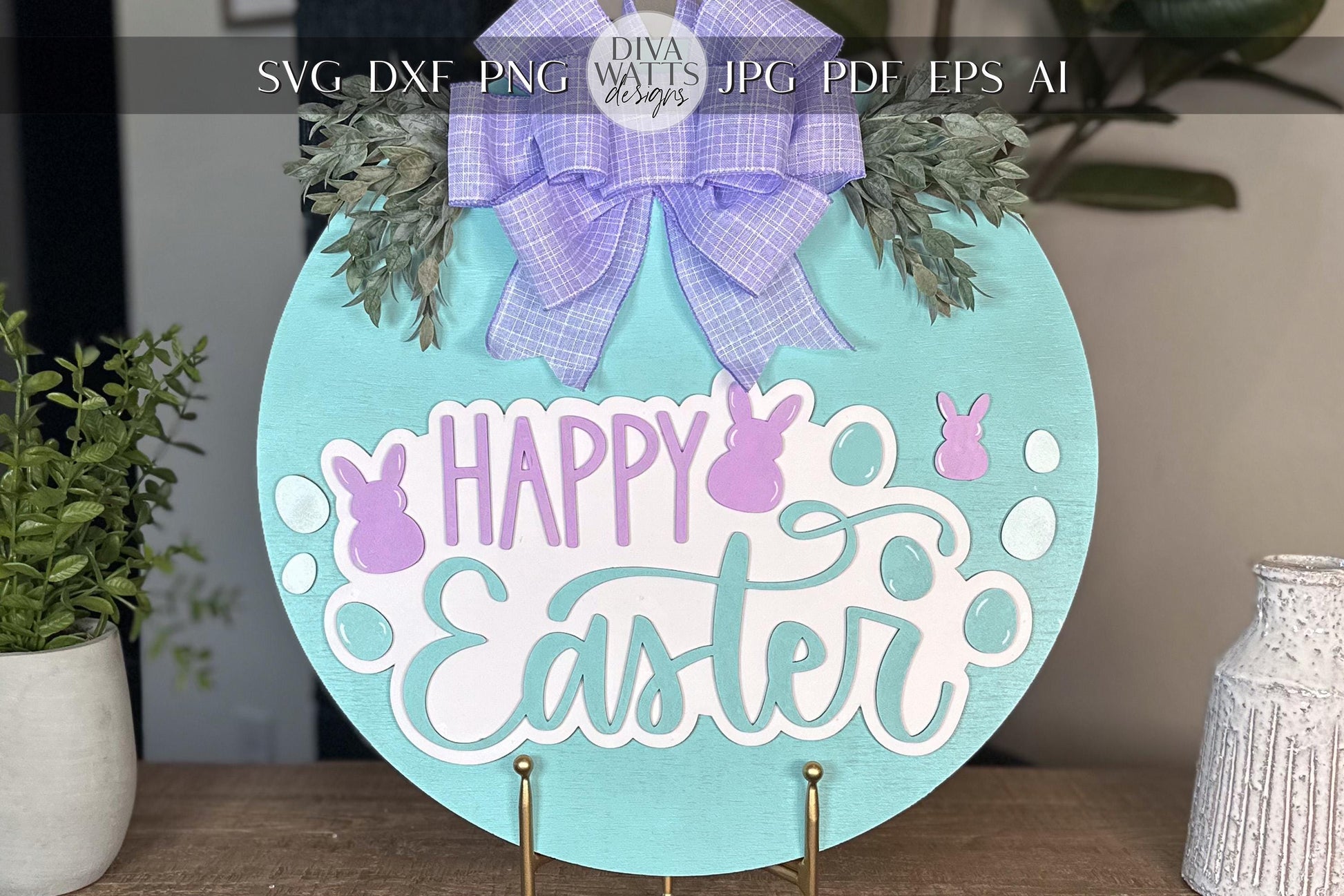 Happy Easter Bunny Door Hanger SVG – Layered Round Laser Cut File for Spring Decor, DIY Easter Sign Template, Glowforge & Xtool SVG