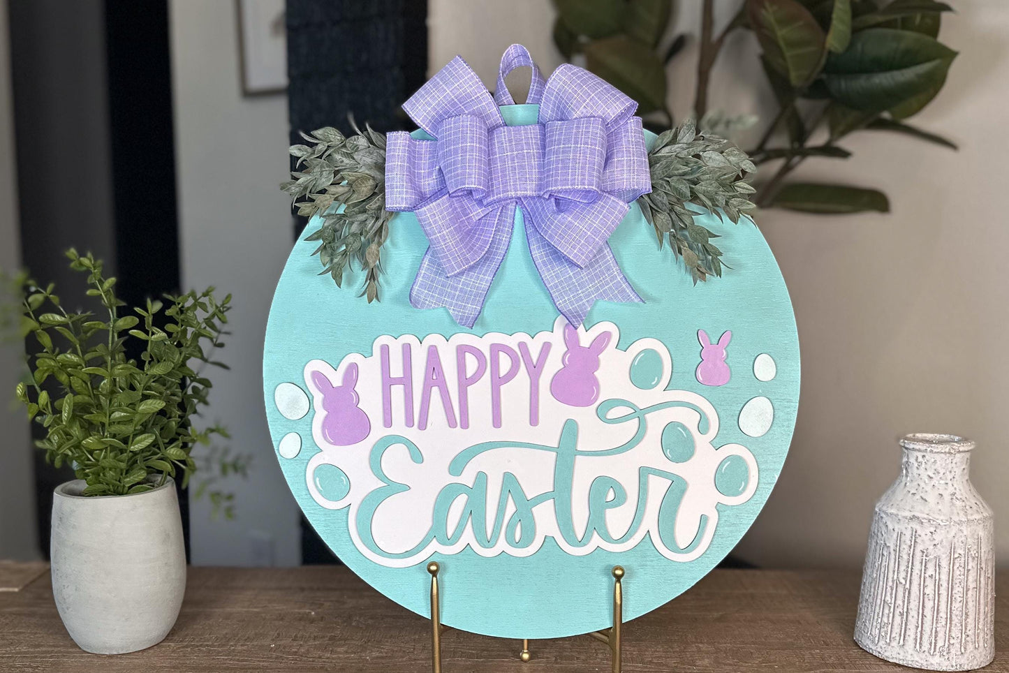 Happy Easter Bunny Door Hanger SVG – Layered Round Laser Cut File for Spring Decor, DIY Easter Sign Template, Glowforge & Xtool SVG