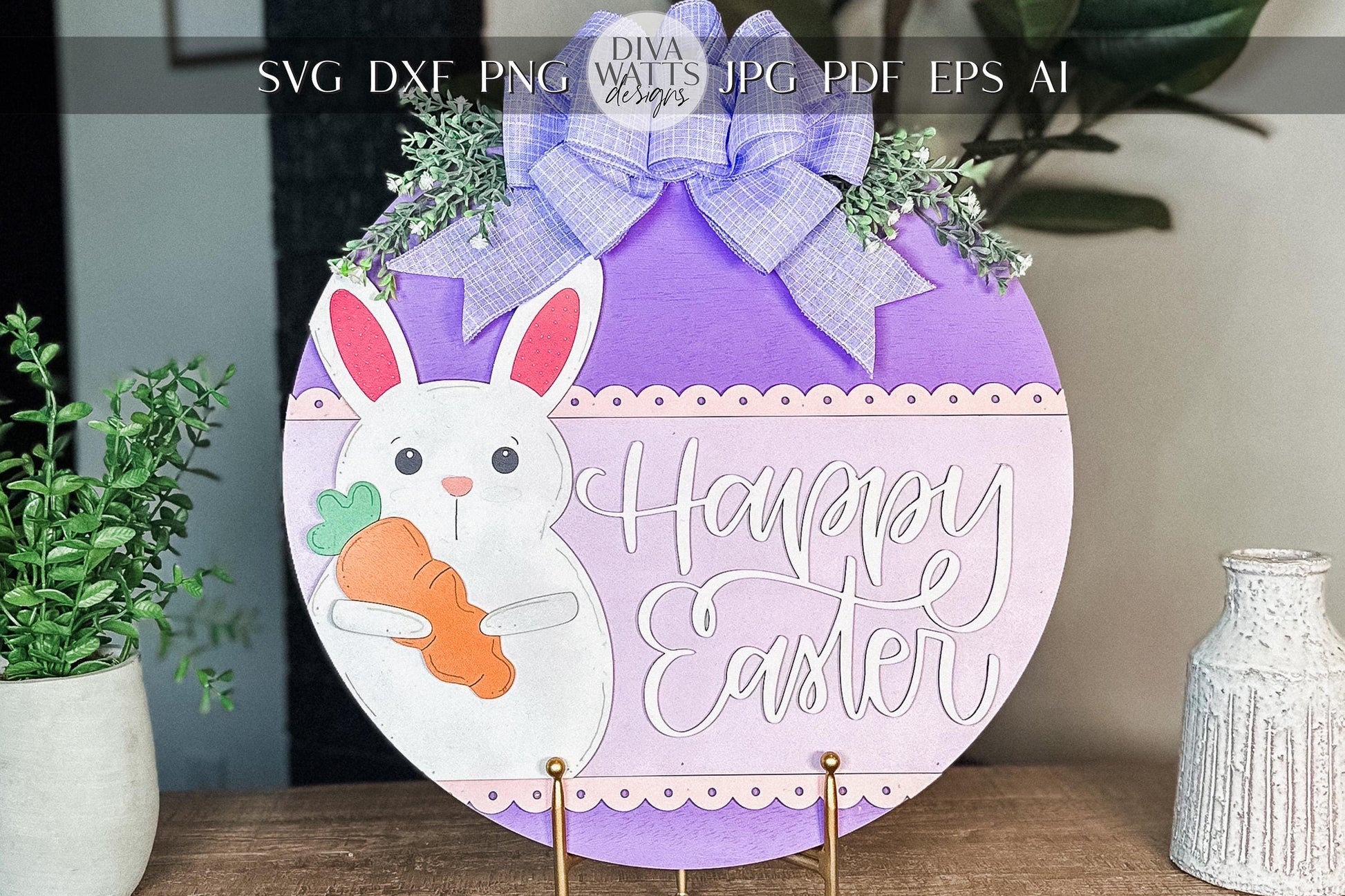 Happy Easter Bunny with Carrot Door Hanger SVG – Layered Round Laser Cut File for Spring Decor, DIY Easter Sign Template, Glowforge & Xtool