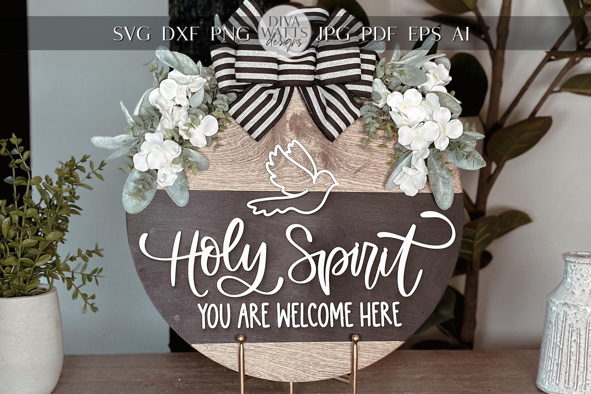 Holy Spirit You Are Welcome Here Door Hanger SVG – Round Layered Laser Cut File for DIY Faith Decor, Religious Sign Template, Glowforge svg