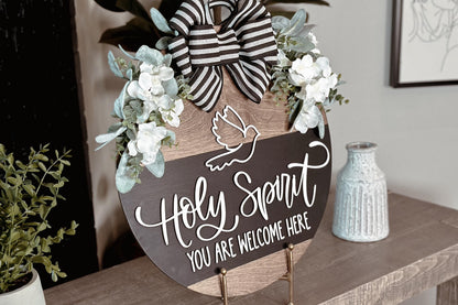 Holy Spirit You Are Welcome Here Door Hanger SVG – Round Layered Laser Cut File for DIY Faith Decor, Religious Sign Template, Glowforge svg