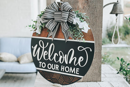 Welcome to Our Home Door Hanger SVG – Round Layered Laser Cut File for DIY Home Decor, Farmhouse Sign Template, Geometric Door Hanger svg