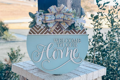 Welcome To Our Home Round Door Hanger SVG, Modern Farmhouse Laser File, Layered Wood Sign Design for Glowforge and Xtool | Geometric Sign