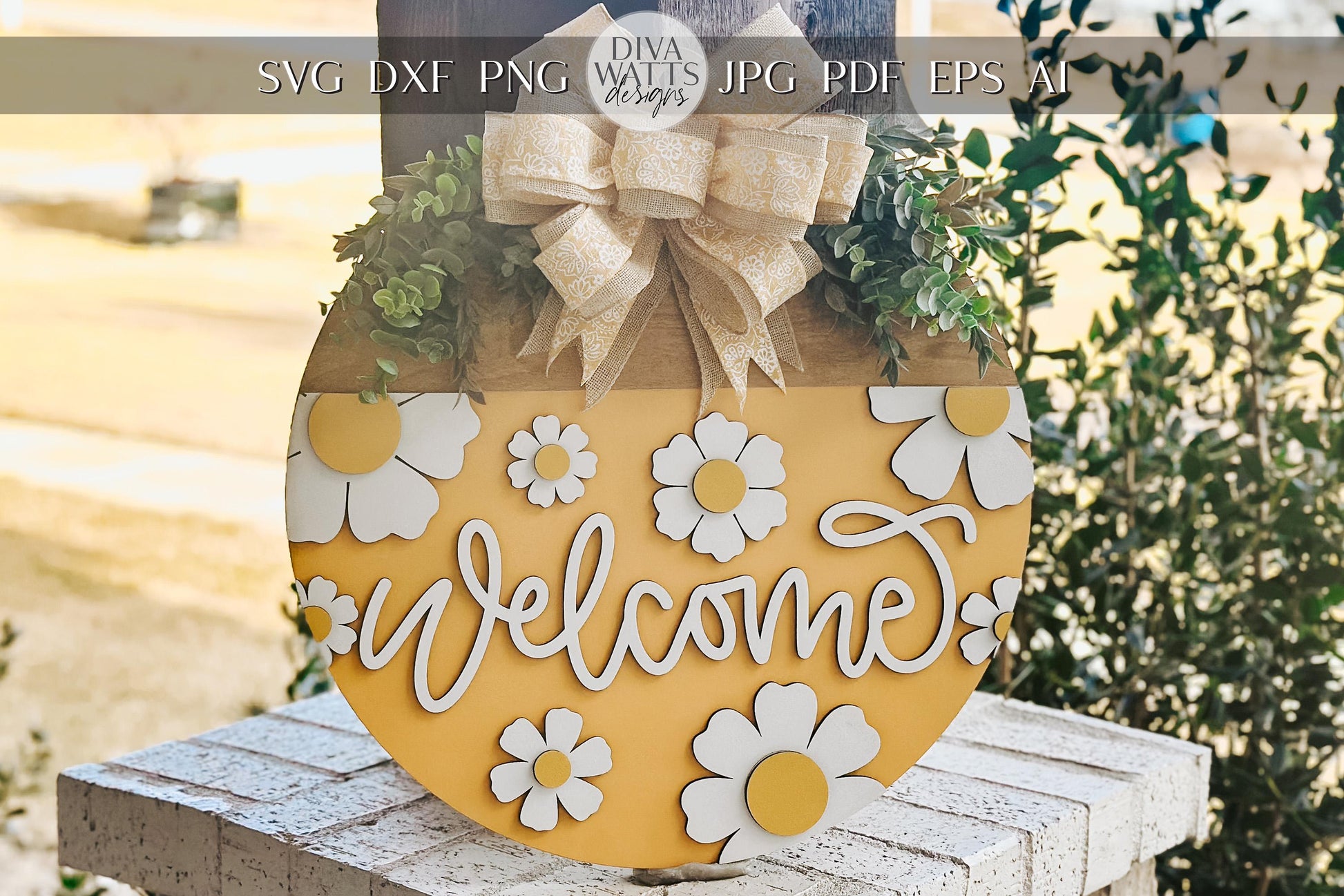 Welcome Sign SVG for Laser Cutters, Floral Door Hanger Design, Daisy Welcome Round, Glowforge Laser File, Summer Porch Decor, Flowers Sign