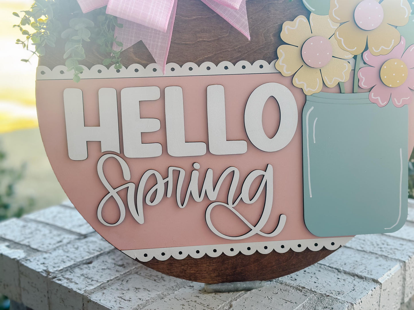 Hello Spring Door Hanger SVG, Mason Jar Floral Laser Cut File, Layered Spring Sign Design, Glowforge Laser Template, DIY Spring Decor