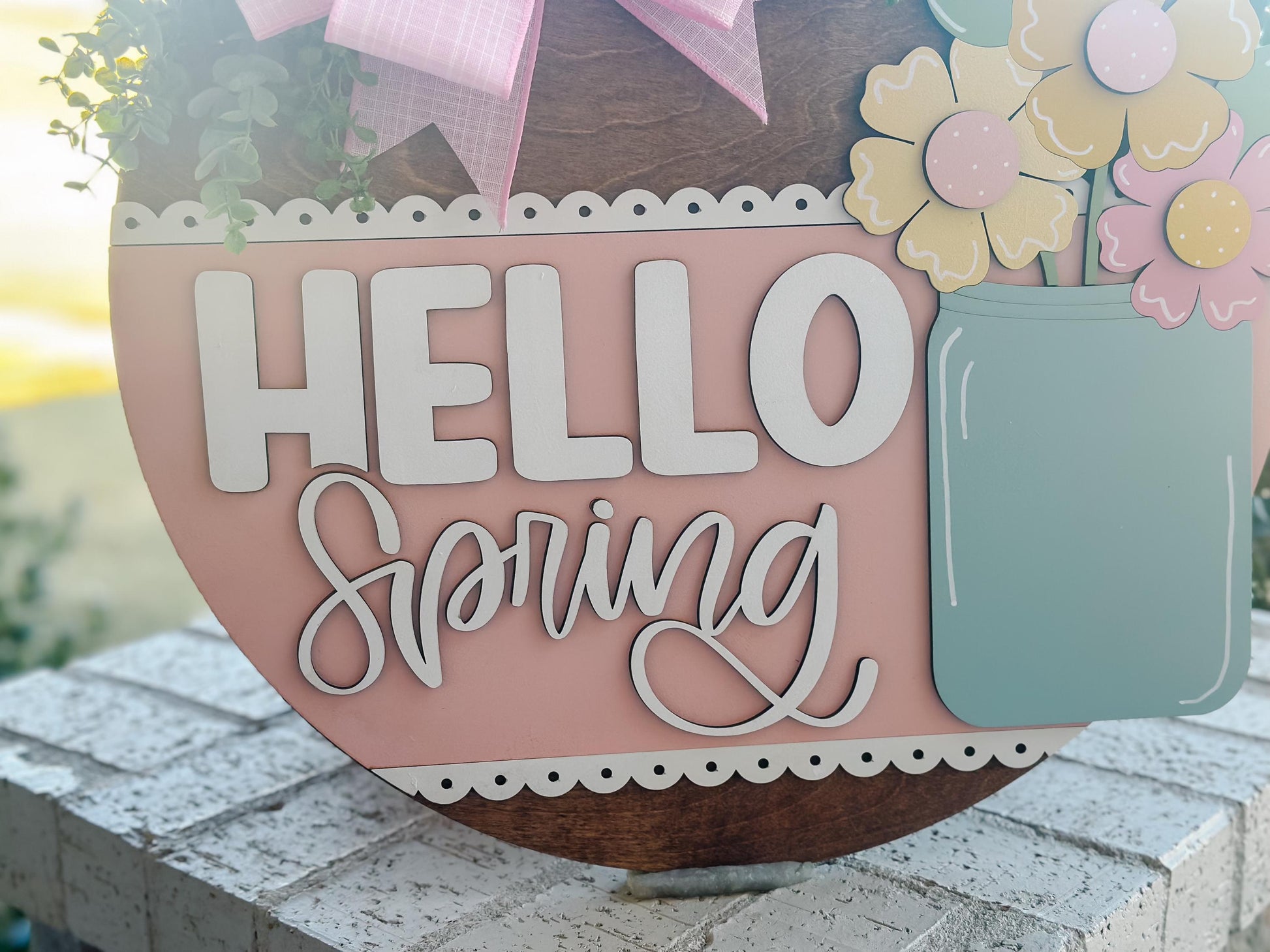 Hello Spring Door Hanger SVG, Mason Jar Floral Laser Cut File, Layered Spring Sign Design, Glowforge Laser Template, DIY Spring Decor