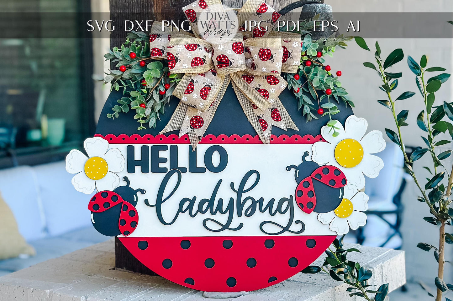 Hello Ladybug SVG, Ladybug Door Hanger Laser File, Spring Porch Decor, Layered Ladybug Sign Design, Glowforge Template, DIY Bug Decor