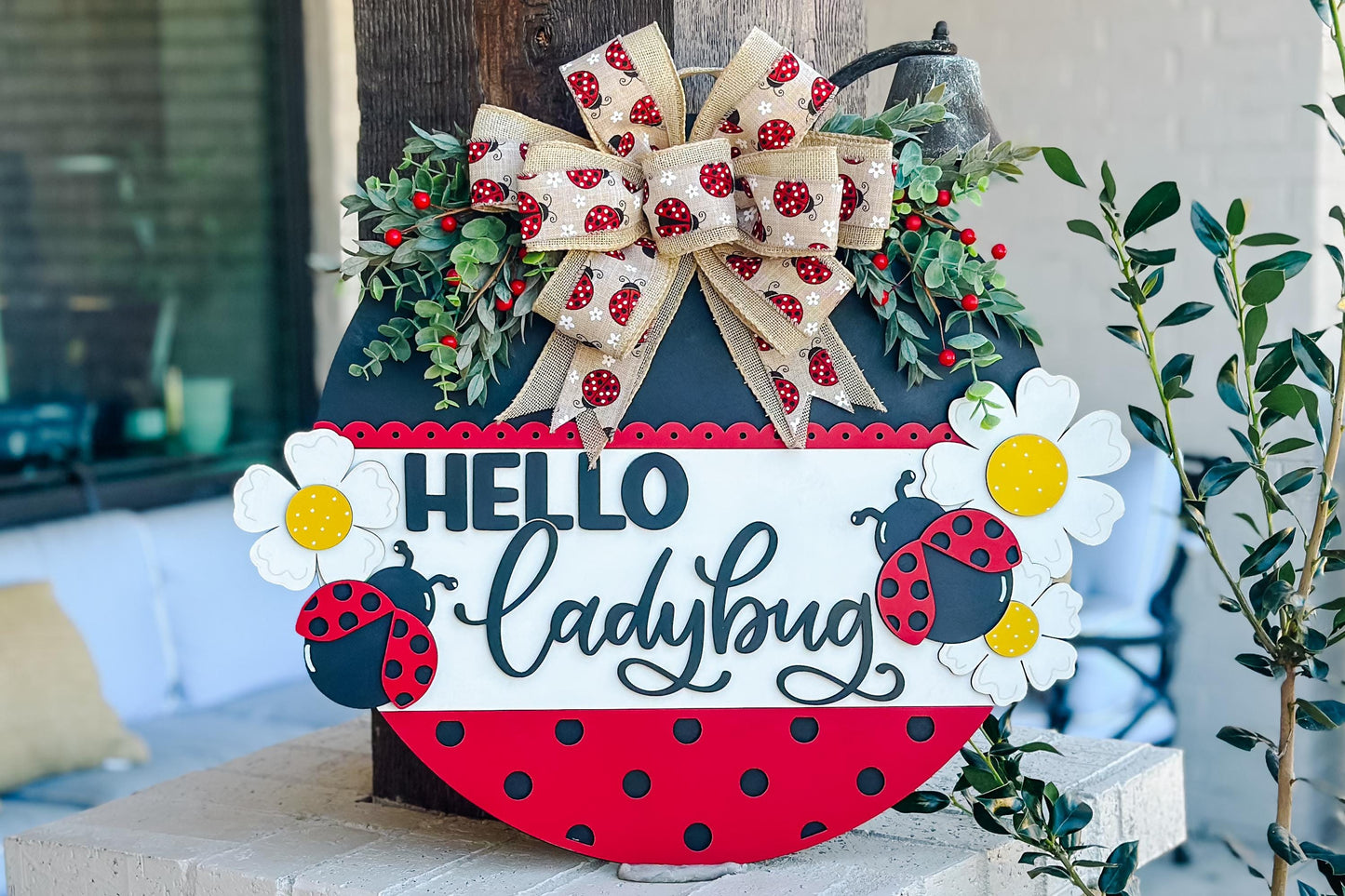 Hello Ladybug SVG, Ladybug Door Hanger Laser File, Spring Porch Decor, Layered Ladybug Sign Design, Glowforge Template, DIY Bug Decor