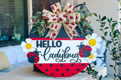 Hello Ladybug SVG, Ladybug Door Hanger Laser File, Spring Porch Decor, Layered Ladybug Sign Design, Glowforge Template, DIY Bug Decor