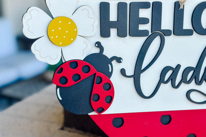 Hello Ladybug SVG, Ladybug Door Hanger Laser File, Spring Porch Decor, Layered Ladybug Sign Design, Glowforge Template, DIY Bug Decor
