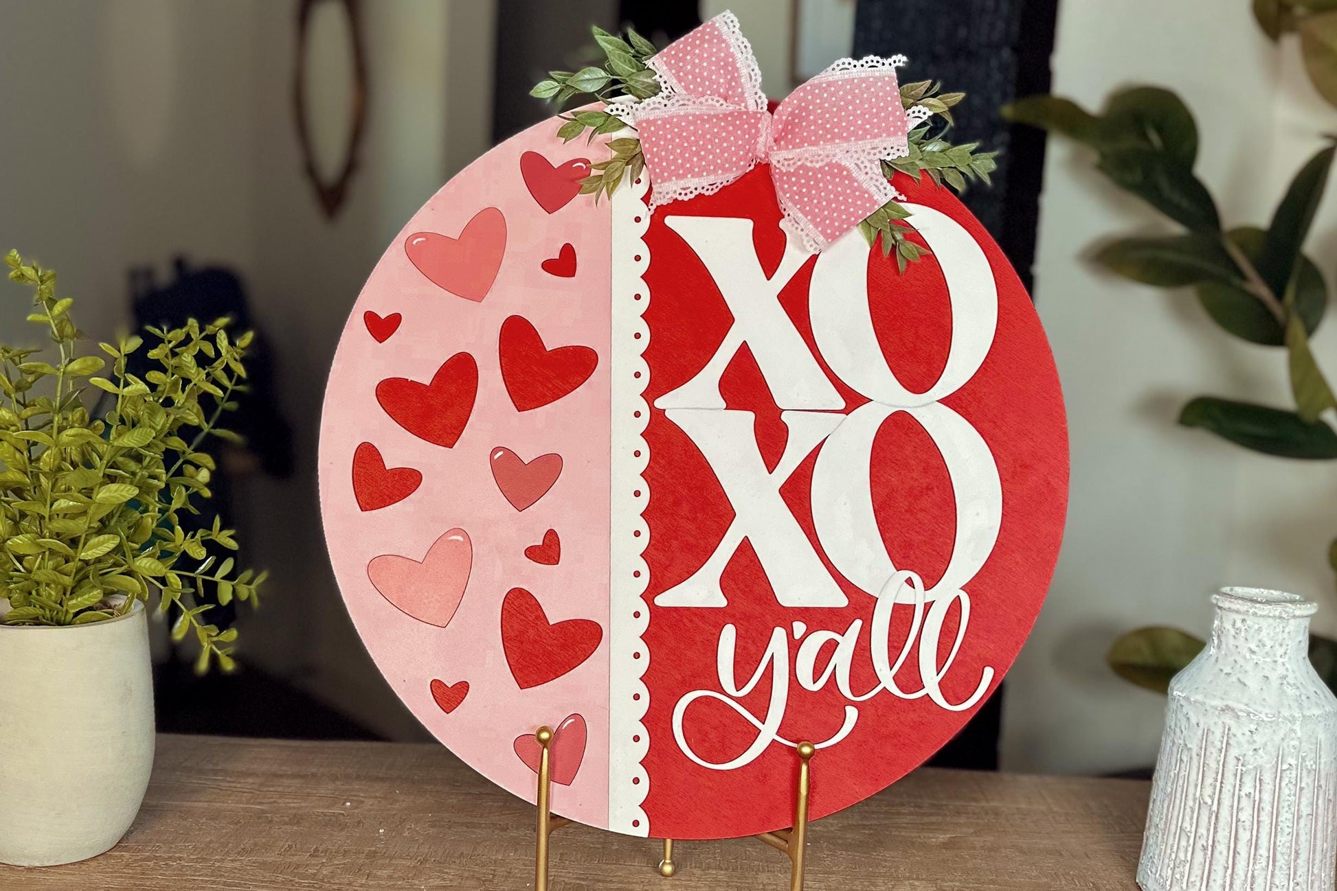 Valentine's Day XO Y'all Door Hanger SVG | Heart Cutout Laser File | Round Wood Sign Template | DIY Valentine Decor svg