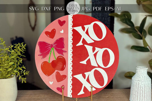 Valentine's Day XOXOXO Door Hanger SVG | Heart-Shaped Cherries with Bow | Laser Cut File with Scalloped Edge | DIY Valentine Decor