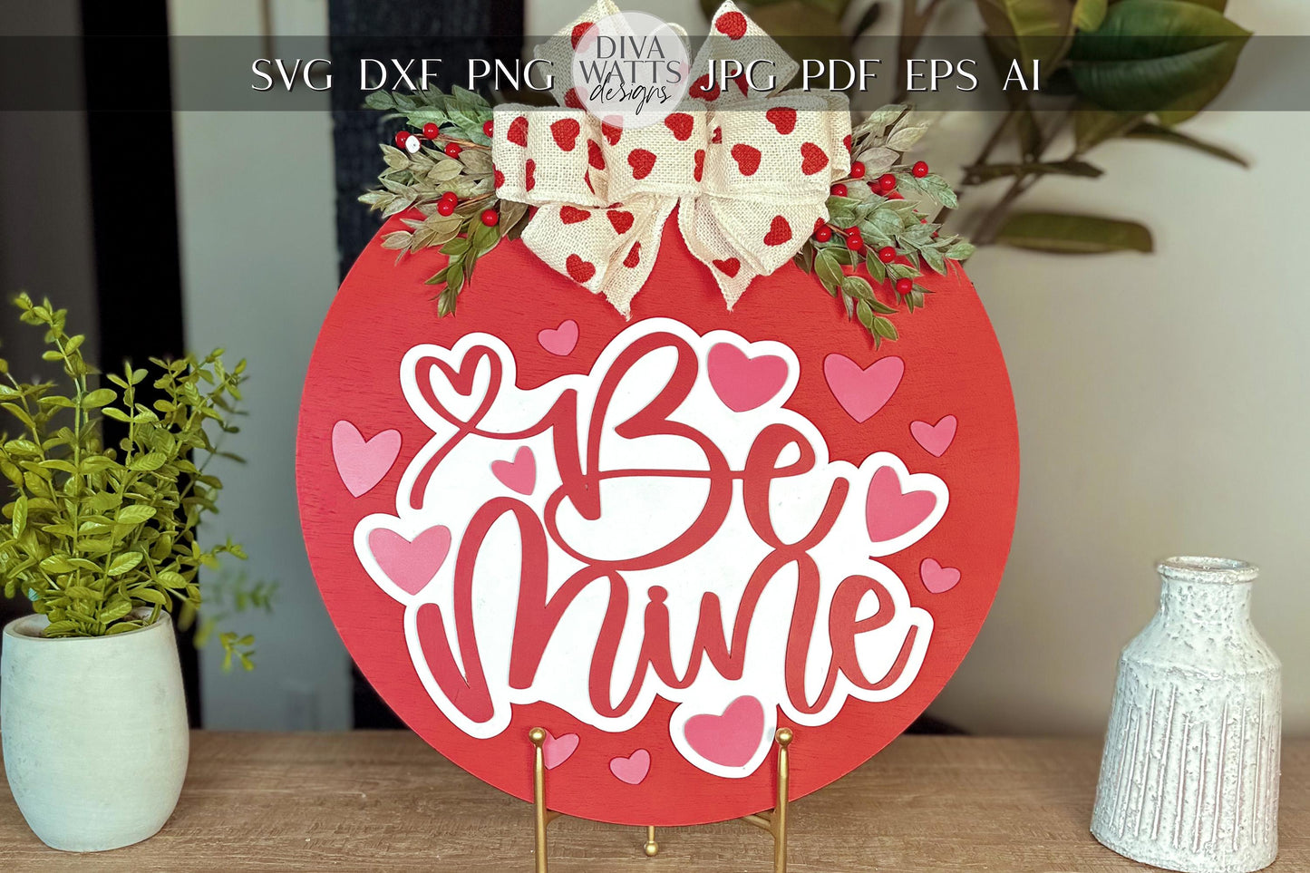 Valentine’s Day Be Mine Door Hanger SVG | Heart Cutouts and Bow Design | Laser Cut File for DIY Round Wood Sign