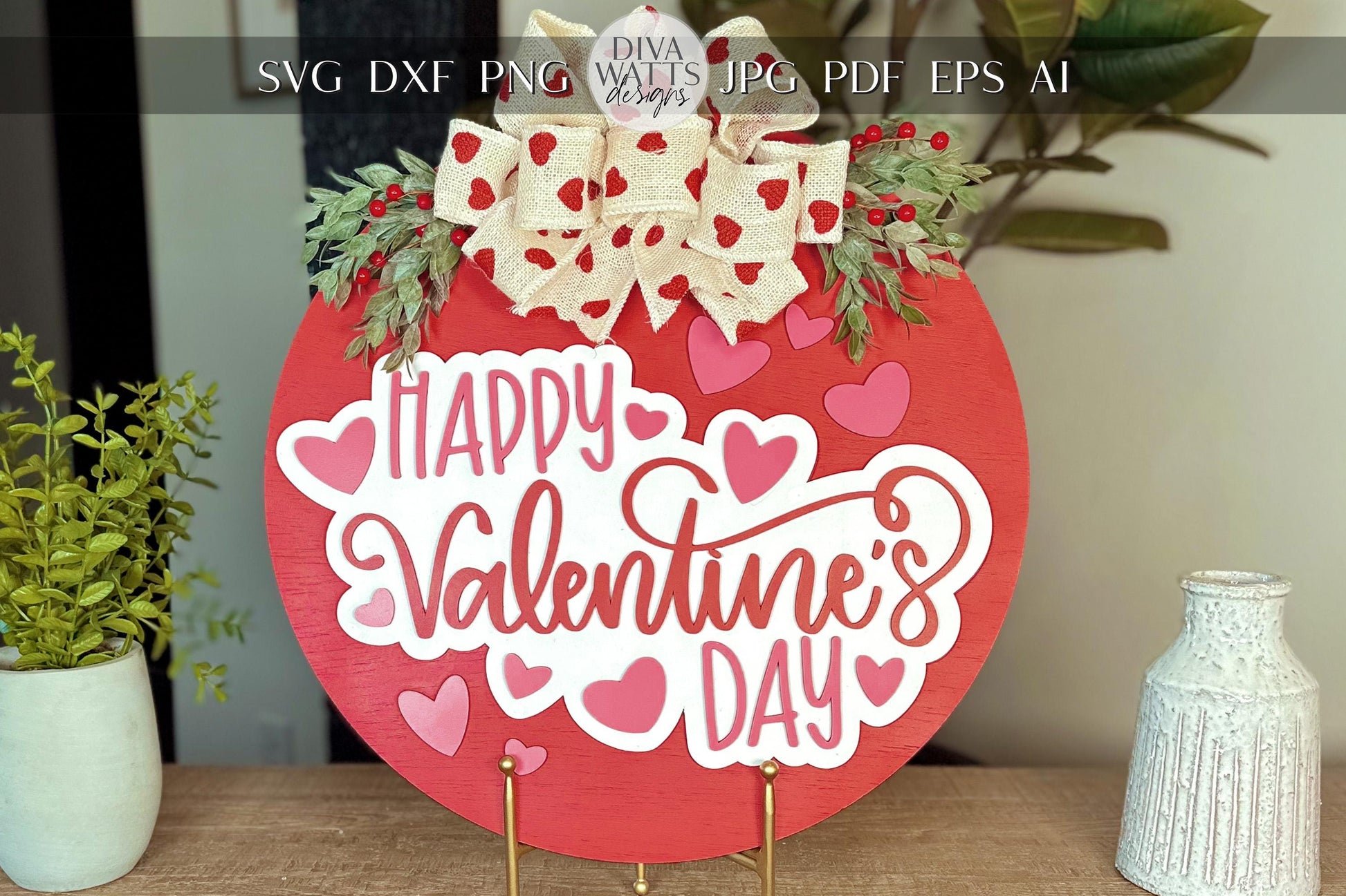 Happy Valentine’s Day Door Hanger SVG | Laser Cut File with Heart Cutouts | DIY Round Wood Sign Template | Glowforge svg | Round Sign svg