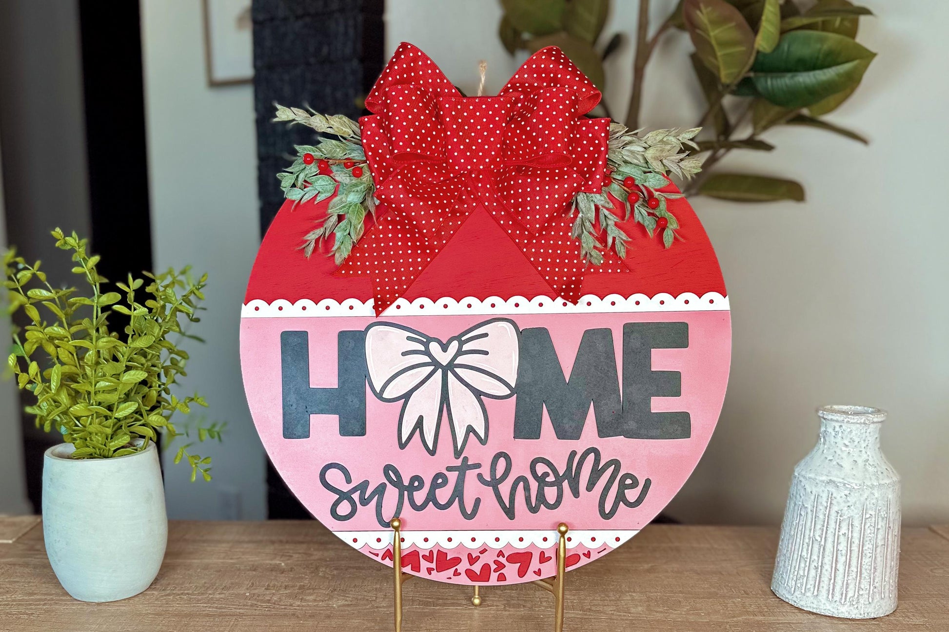 Home Sweet Home Round Door Hanger SVG | Laser Cut File with Bow and Scalloped Edge Design | DIY Wood Sign Template| Glowforge SVG