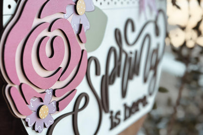 Spring Is Here Laser Cut File, Round Door Hanger SVG, Floral Rose Design, Glowforge SVG, Xtool, Farmhouse Spring Decor