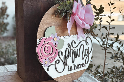 Spring Is Here Laser Cut File, Round Door Hanger SVG, Floral Rose Design, Glowforge SVG, Xtool, Farmhouse Spring Decor