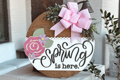 Spring Is Here Laser Cut File, Round Door Hanger SVG, Floral Rose Design, Glowforge SVG, Xtool, Farmhouse Spring Decor