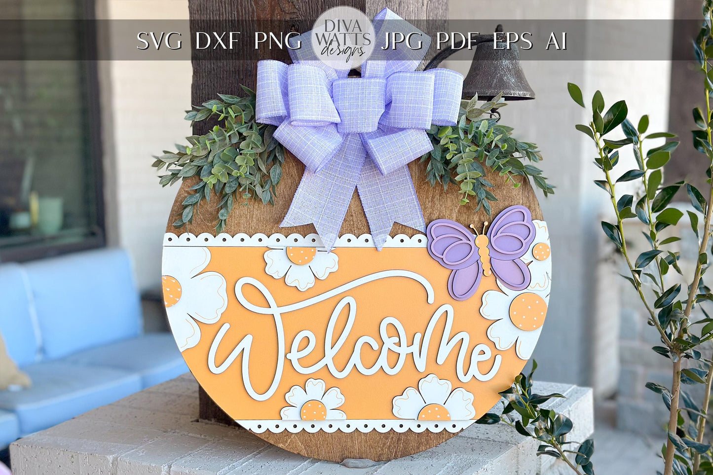 Welcome Door Hanger SVG, Floral and Butterfly Laser Cut File, Spring Round Sign Design, Glowforge SVG, Xtool, Farmhouse Decor
