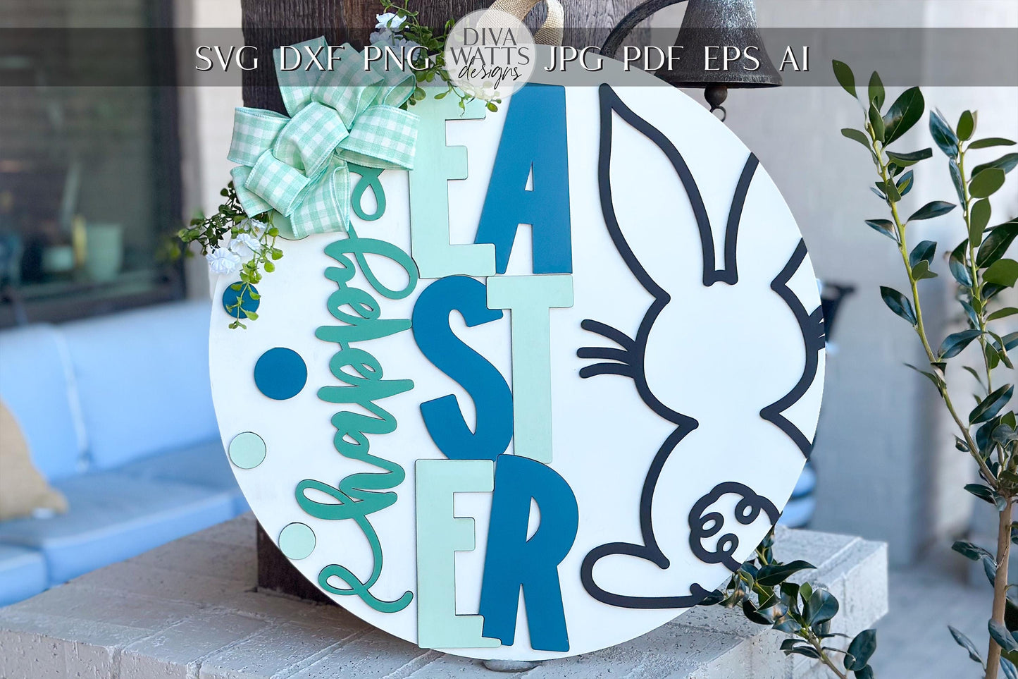 Easter Door Hanger SVG, Bunny and Lettered Laser Cut File, Round Sign Design, Glowforge SVG, Xtool, Farmhouse Spring Decor