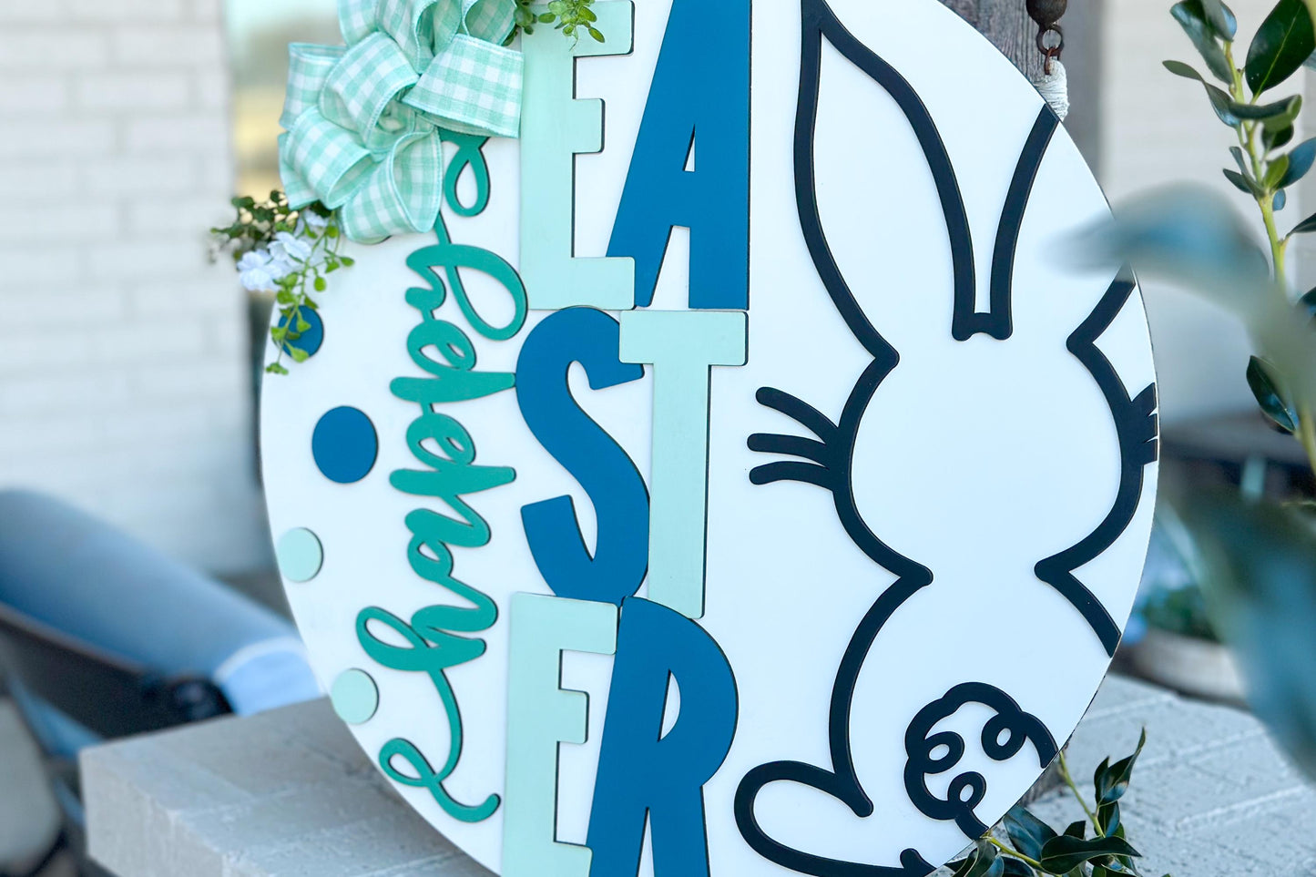 Easter Door Hanger SVG, Bunny and Lettered Laser Cut File, Round Sign Design, Glowforge SVG, Xtool, Farmhouse Spring Decor