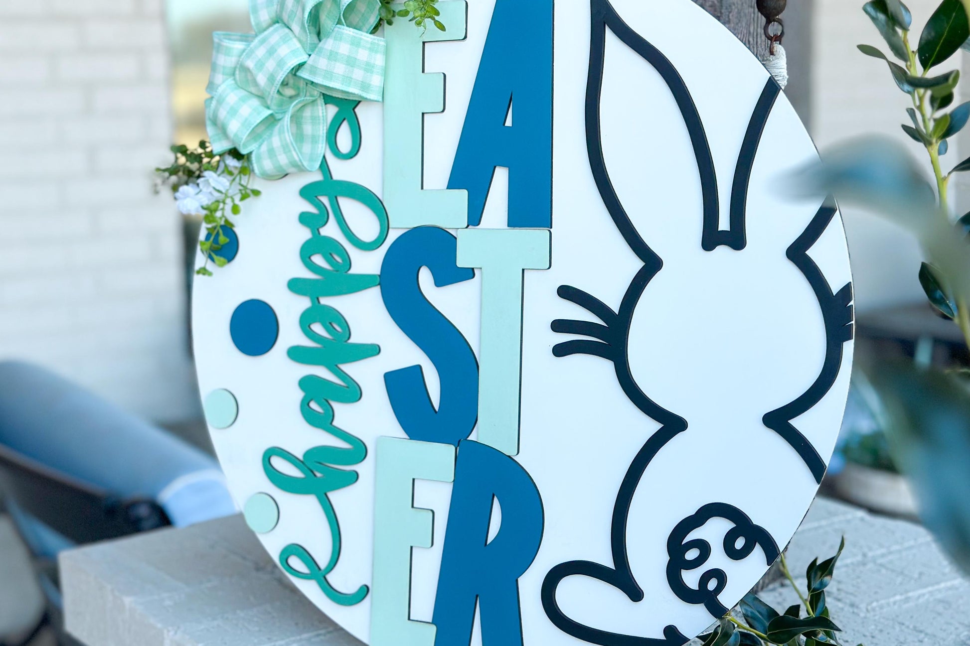 Easter Door Hanger SVG, Bunny and Lettered Laser Cut File, Round Sign Design, Glowforge SVG, Xtool, Farmhouse Spring Decor
