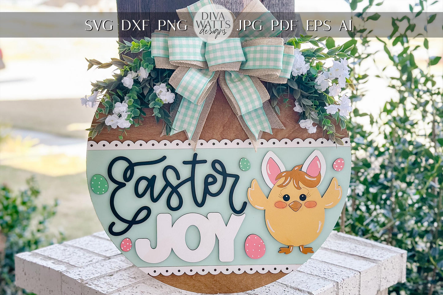 Easter Joy Door Hanger SVG, Bunny Chick Laser Cut File, Spring Round Sign Design, Glowforge SVG, Xtool, Farmhouse Easter Decor
