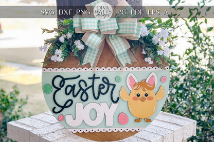 Easter Joy Door Hanger SVG, Bunny Chick Laser Cut File, Spring Round Sign Design, Glowforge SVG, Xtool, Farmhouse Easter Decor